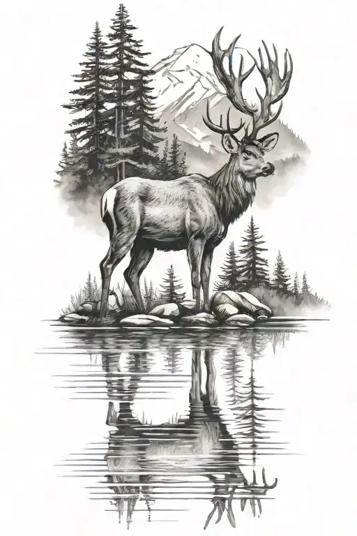 A majestic deer standing by a calm lake, with dense forest and towering mountains in the background. tattoo design idea