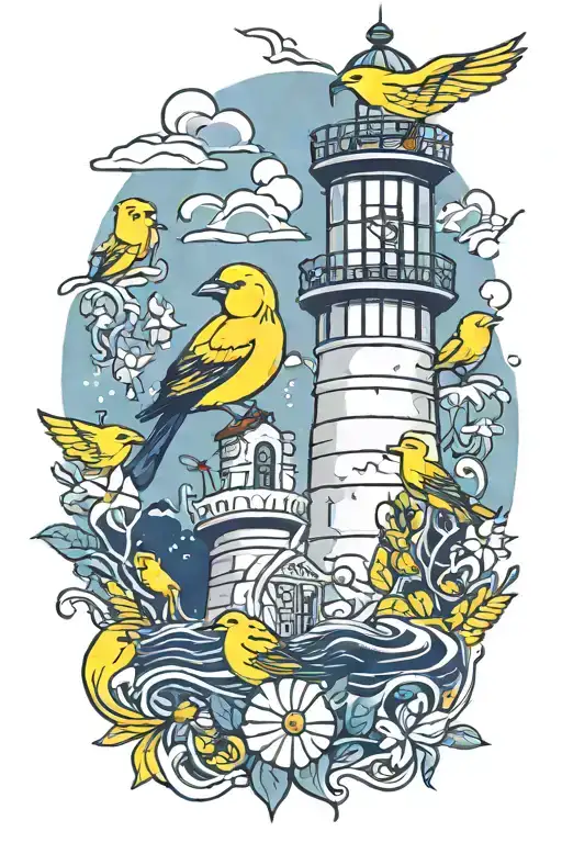 yellow canaries and a lighthouse in navy and yellow tattoo design idea