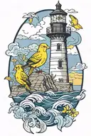 yellow canaries and a lighthouse in navy and yellow tattoo design idea