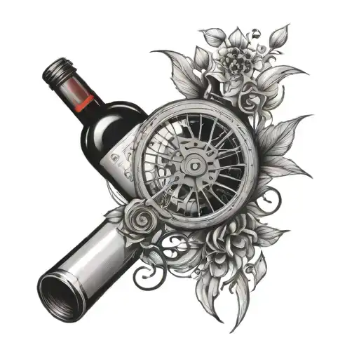 A wine bottle with a sleek bicycle wheel incorporated into the design tattoo design idea