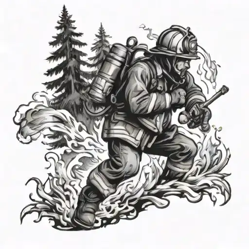 A firefighter battling flames in a forest setting with a hidden gambling motif tattoo design idea