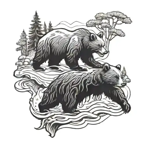 A majestic black bear catching a fish in a river surrounded by a dense forest tattoo design idea