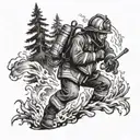 A firefighter battling flames in a forest setting with a hidden gambling motif tattoo design idea