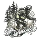 A firefighter battling flames in a forest setting with a hidden gambling motif tattoo design idea