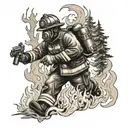 A firefighter battling flames in a forest setting with a hidden gambling motif tattoo design idea