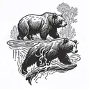 A majestic black bear catching a fish in a river surrounded by a dense forest tattoo design idea