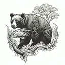 A majestic black bear catching a fish in a river surrounded by a dense forest tattoo design idea