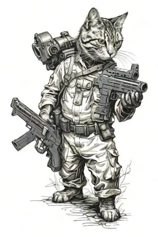 a realistic standing cat with a machine gun protecting his pot tattoo design idea