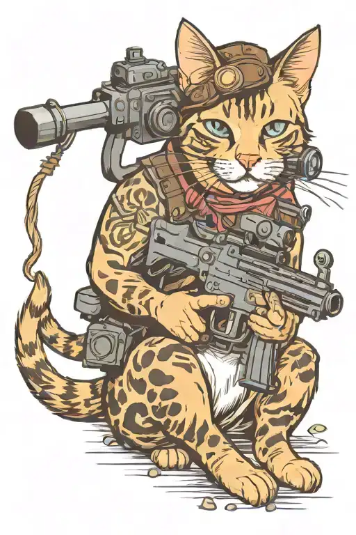 a cute realistic cat with a machine gun tattoo design idea