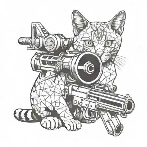 a cute realistic cat with a machine gun tattoo design idea
