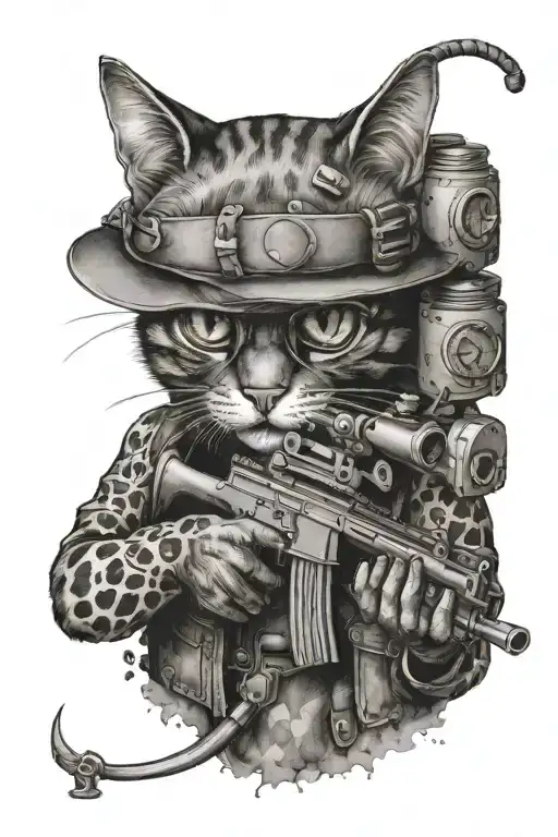 a realistic standing cat with a machine gun protecting his pot tattoo design idea