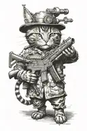 a realistic standing cat with a machine gun protecting his pot tattoo design idea