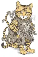 a cute realistic cat with a machine gun tattoo design idea