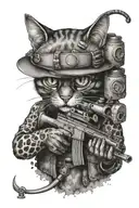 a realistic standing cat with a machine gun protecting his pot tattoo design idea
