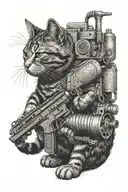 a realistic standing cat with a machine gun protecting his pot tattoo design idea
