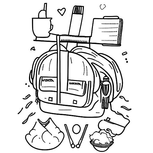 A minimalist tattoo of a backpack filled with culinary utensils and ingredients, representing your occupation as a traveling backpacker and your love for cooking. tattoo design idea