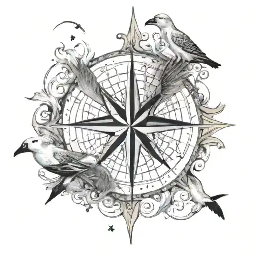 An intricate compass rose design with waves and seagulls, symbolizing the journey of solitude tattoo design idea