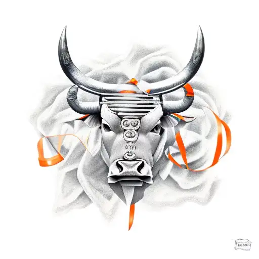 Taurus bull destroying orange cancer ribbon tattoo design idea