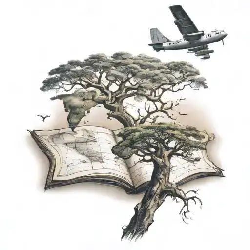 old boab tree,  world map and plane flying tattoo design idea