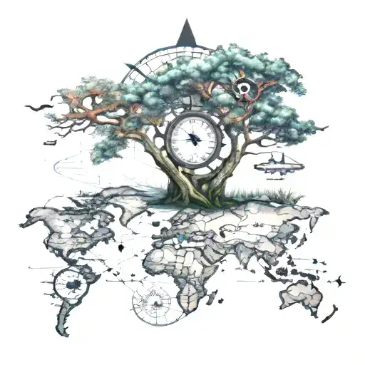 Cute Boab Tree with a world map and compass and passenger jet tattoo design idea