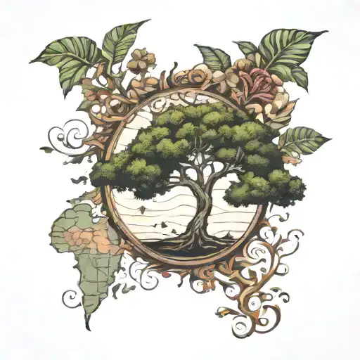 A traditional boab tree tattoo with a subtle world map pattern incorporated into the leaves, symbolizing the client's love for travel and nature tattoo design idea