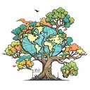 A whimsical boab tree intertwined with a colorful and detailed world map, symbolizing the client's love for travel and exploration tattoo design idea