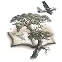 old boab tree,  world map and plane flying tattoo design idea