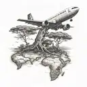 old boab tree,  world map and plane flying tattoo design idea