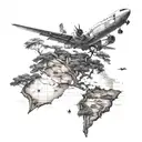 old boab tree,  world map and plane flying tattoo design idea