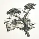 old boab tree,  world map and plane flying tattoo design idea