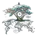 Cute Boab Tree with a world map and compass and passenger jet tattoo design idea