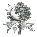 Cute Boab Tree with a world map and compass and passenger jet tattoo design idea