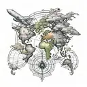 Cute Boab Tree with a world map and compass and passenger jet tattoo design idea