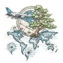 Cute Boab Tree with a world map and compass and passenger jet tattoo design idea