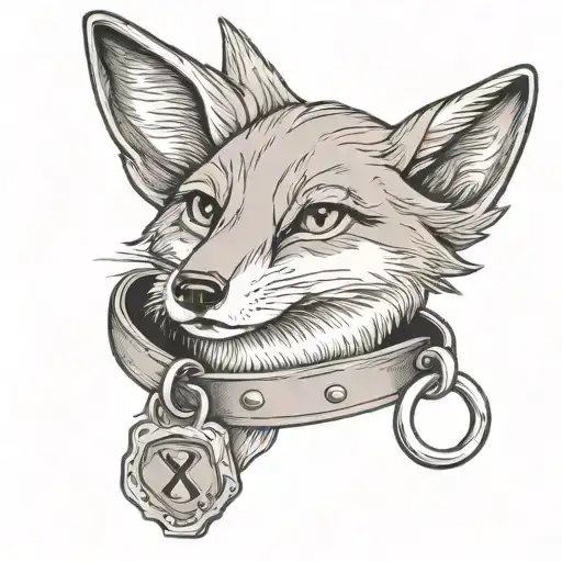 a tattoo with a fox head, wearing a collar with a name tag and a lock. The collar is not a choker collar - it's a plain  tattoo design idea