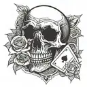 skull wearing a top had that has a playing card in the bill,the skull is biting a rose tattoo design idea