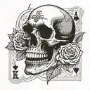 skull wearing a top had that has a playing card in the bill,the skull is biting a rose tattoo design idea
