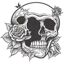 skull wearing a top had that has a playing card in the bill,the skull is biting a rose tattoo design idea