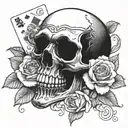 skull wearing a top had that has a playing card in the bill,the skull is biting a rose tattoo design idea