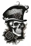 a skull wearing a top hat while biting a rose  tattoo design idea