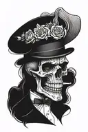 a skull wearing a top hat while biting a rose  tattoo design idea