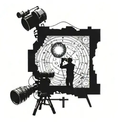 A cinematographer filming a celestial scene inspired by astrology, incorporating European architecture and music notes tattoo design idea
