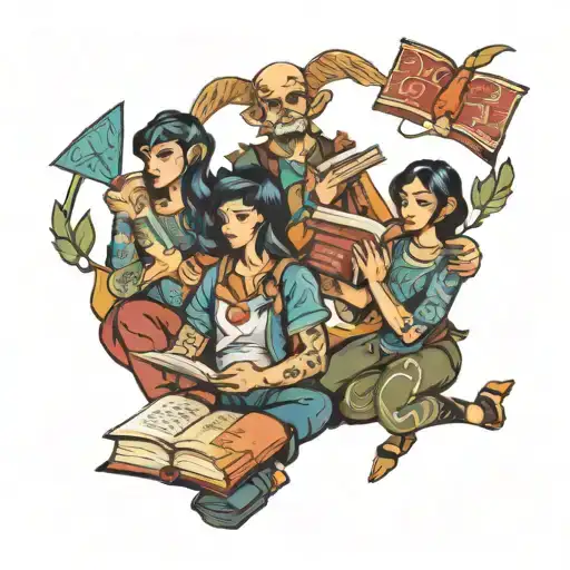 four people holding books tattoo design idea