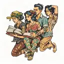 four people holding books tattoo design idea