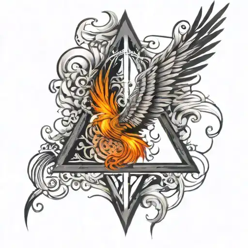  harry potter's deathly hallows wrapped with a phoenix all in black and white tattoo design idea
