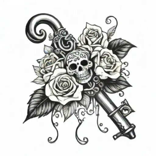flowers, skeleton key, music tattoo design idea