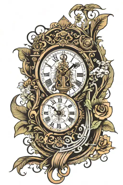 A sleeve tattoo of a grand father clock that is slightly broken with the numbers flying off smoke and vines that connect tattoo design idea