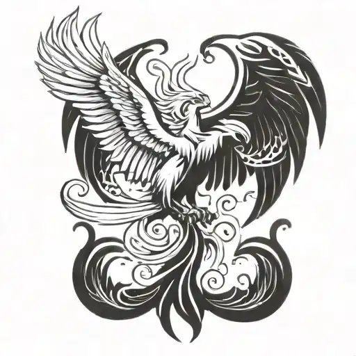Illustration of a phoenix rising from ashes, symbolizing resilience and overcoming suicidal thoughts tattoo design idea