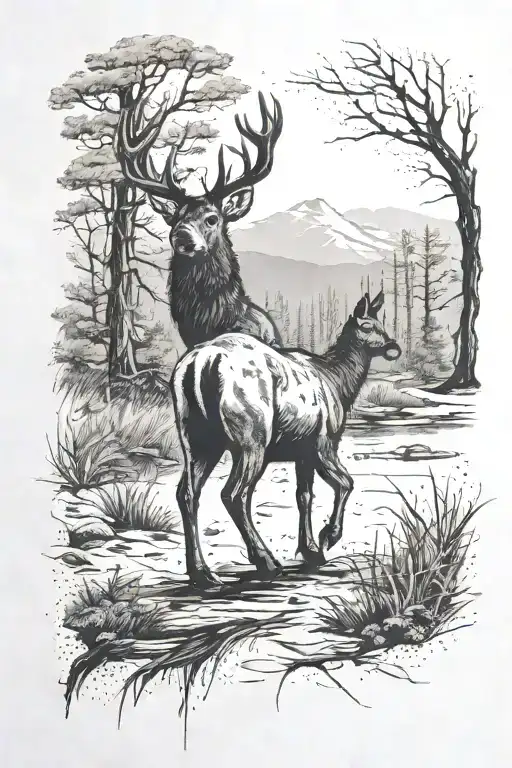 I want a tattoo for my forearm of the scene where Arthur Morgan from the game Red Dead Redemption 2 dreams of a deer. Bl tattoo design idea