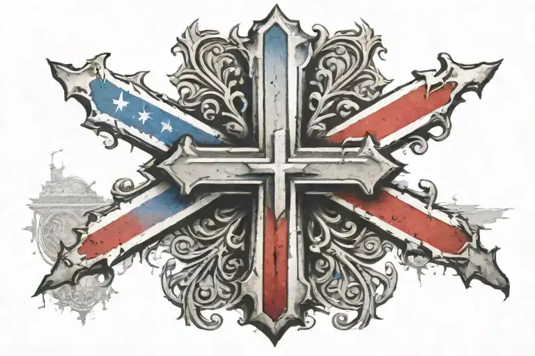 Jerusalem cross in front of distressed american flag tattoo design idea